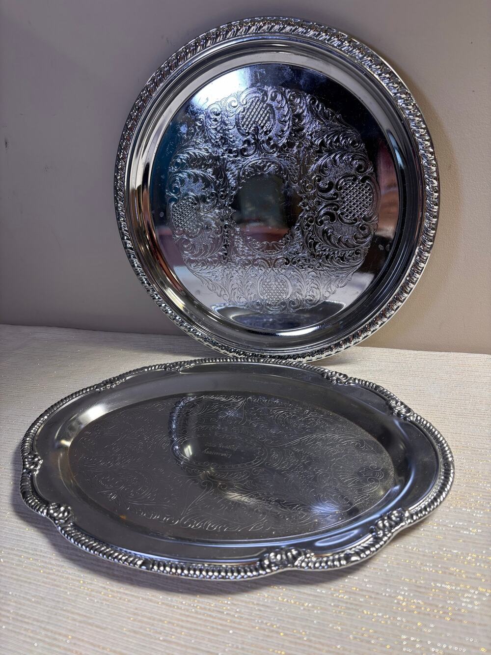 2 Vintage Serving Trays 25th Anniversary Irvinware? Gorgeous, silver-plated!!